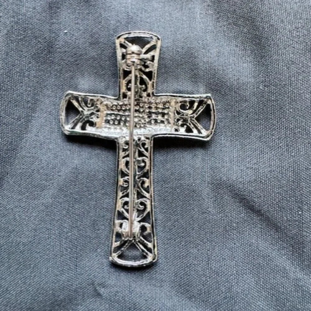 Bejeweled Patriotic Religious Cross Brooch w Colored Rhinestones - Picture 2 of 2